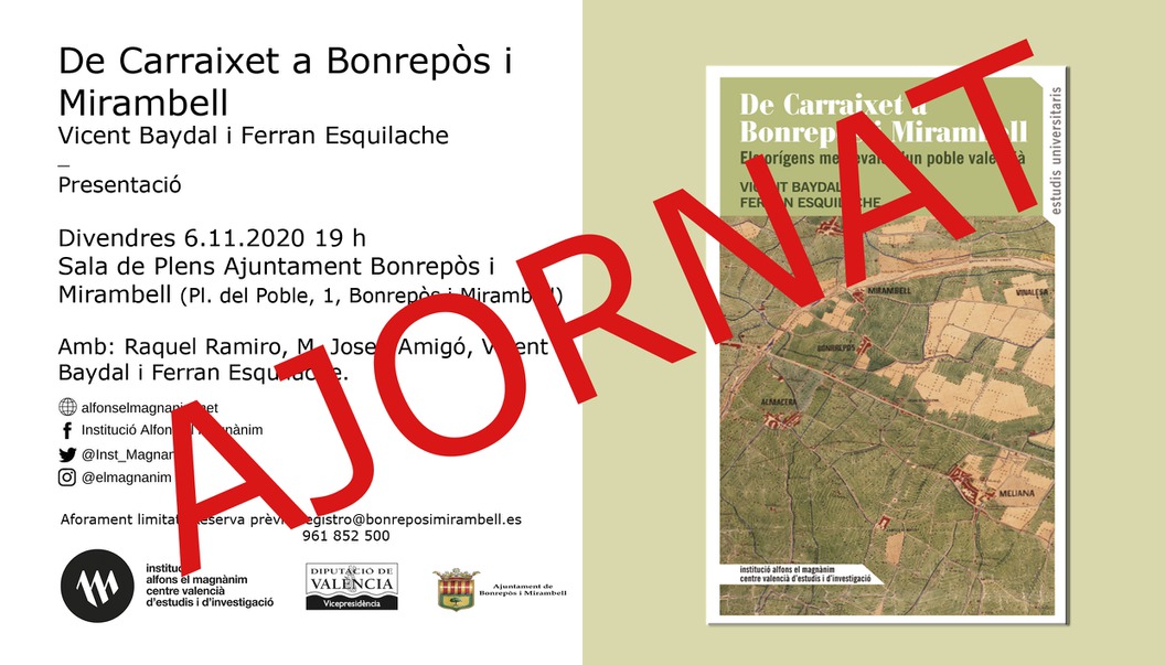 S'ajorna la presentació del llibre De Carraixet a Bonrepòs i Mirambell