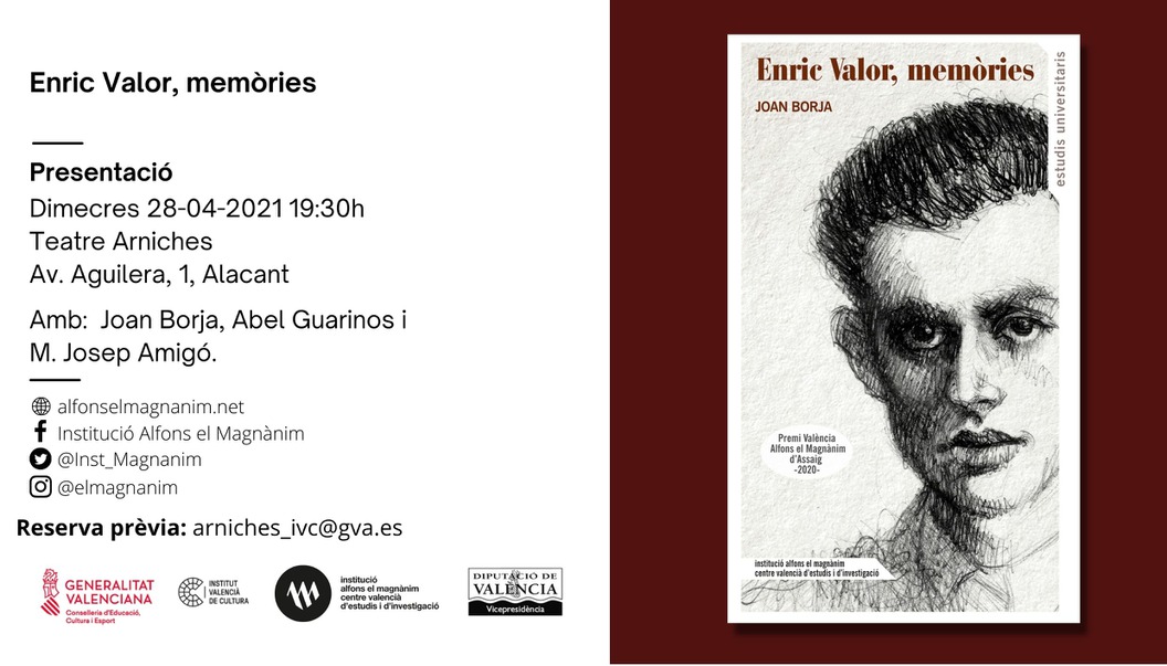 Joan Borja presenta el seu llibre ‘Enric Valor, memòries’ en un acte organitzat per la Institució Alfons el Magnànim i l’Institut Valencià de Cultura