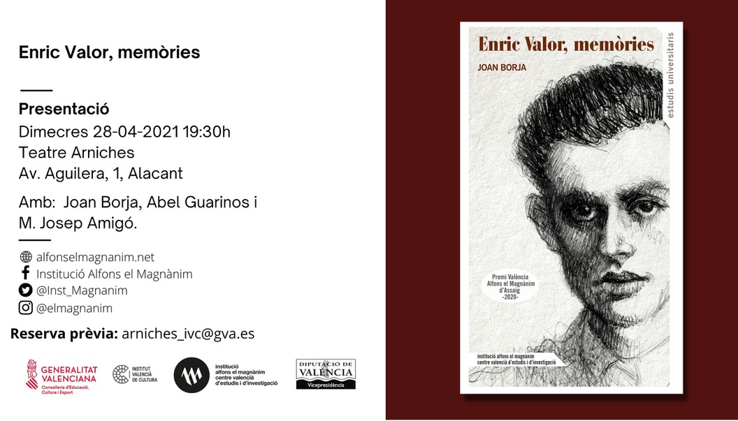 Joan Borja presenta su libro ‘Enric Valor, memòries’ en un acto organizado por la Institució Alfons el Magnànim y el Institut Valencià de Cultura