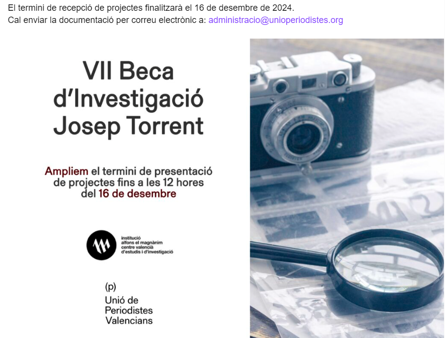 Ampliado el plazo de inscripción para la VII edición de la Beca de Periodismo de Investigación Josep Torrent